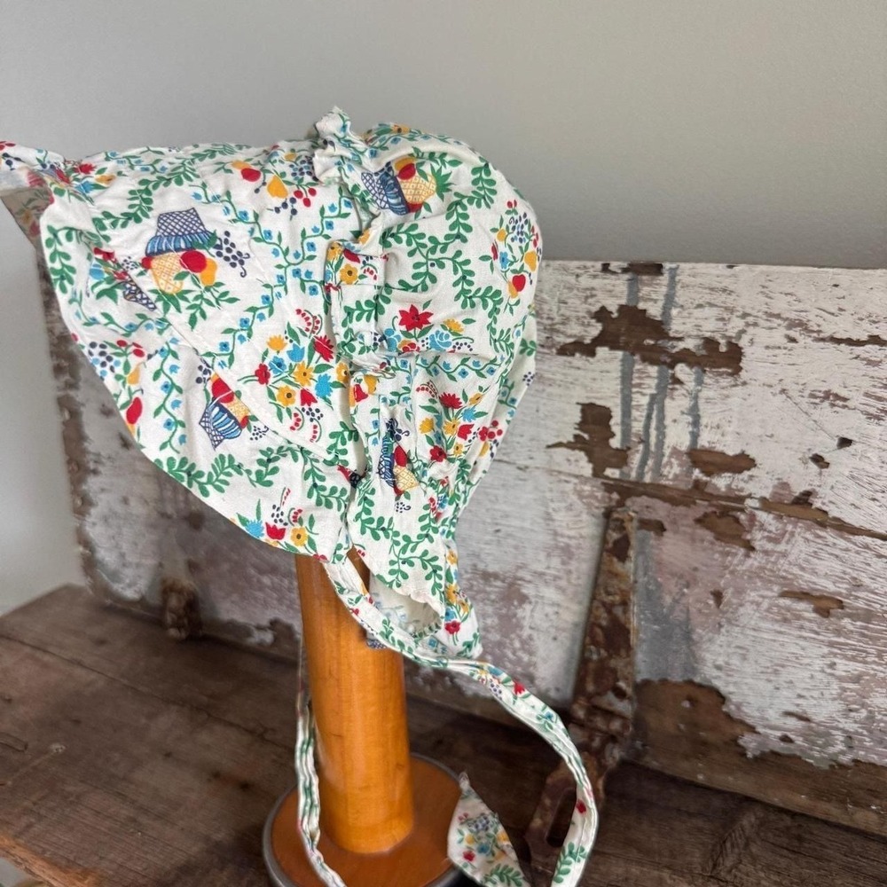 Vintage Floral Fruit Basket Print Cotton Sun Bonnet Ruffled‎ Prairie Hat Cream